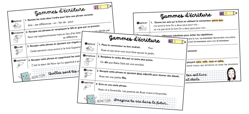 Aperçu de plusieurs fiches de gammes d'écriture et mini-rédactions pour le CE2